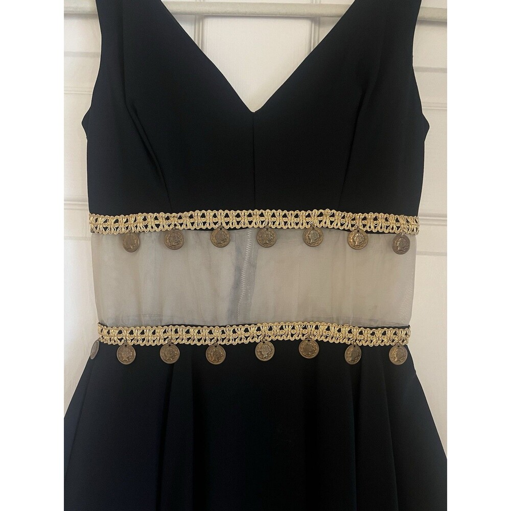 Vtg 60s Black Cocktail Dress XS Gold Coin Trim Mesh Midriff Asymmetrical Hem Mod - Picture 2 of 8